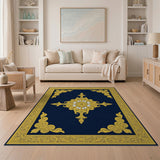 Navy Blue Ornate Gold Medallion Area Rug
