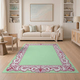 Ornate Red Floral Border Green Area Rug