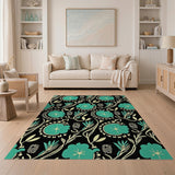 Teal Lotus Floral Area Rug on Black