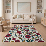 Vibrant Red Gerbera Floral Rug with Teal Leaves