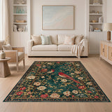 Teal Persian Rug with Roses and Birds