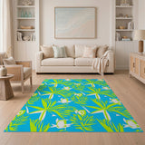 Turquoise Palm Fronds Fish Coastal Area Rug