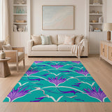 Purple Floral Birds Teal Area Rug