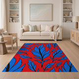 Vibrant Blue Feathers on Red Area Rug