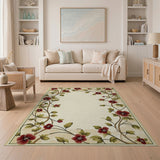 Red Floral Vine Border Cream Area Rug