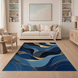 Abstract Blue Wave Gold Foil Area Rug