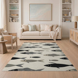 Stylized Black Fish Pattern Area Rug