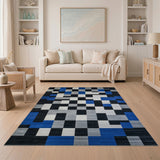 Modern Blue Grey Geometric Patchwork Area Rug