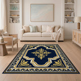 Navy Blue Gold Ornate Medallion Area Rug