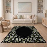Black Daisy Floral Oval Frame Area Rug