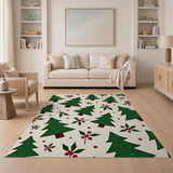 Festive Green Christmas Trees Holly Berries Area Rug