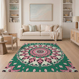 Pink Green Mandala Boho Area Rug