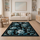 Elegant White Roses Teal Leaves Black Area Rug