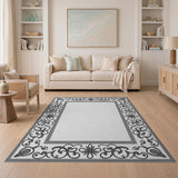Ornate Black White Floral Frame Area Rug