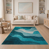 Geometric Modern Teal Blue Abstract Wave Area Rug