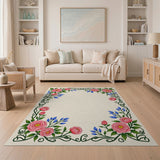 Ornate Pink Rose Blue Floral Border Rug
