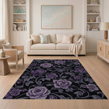 ODIKA Vintage Purple Rose Washable Rug - Gothic Floral Low Pile Non-Slip Area Carpet