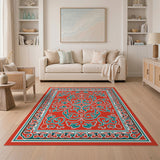 Red Persian Area Rug with Teal Intricate Motifs