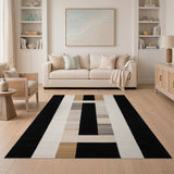 ODIKA Modern Washable Geometric Area Rug - Black & Tan Low Pile Non-Slip Carpet