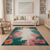 Distressed Tropical Palm Hibiscus Area Rug