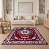 Deep Red Traditional Persian Rug with Teal Floral Medallion