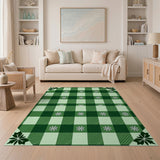 Festive Green Plaid Area Rug with Snowflakes Maple Leaves