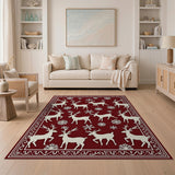 Reindeer Snowflakes Red Area Rug