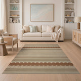 Beige Tan Striped Boho Rug with Scalloped Rust Borders