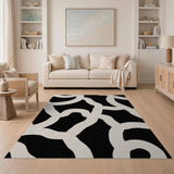 ODIKA Modern Abstract Black and Cream Wavy Washable Area Rug - Low Pile & Non-Slip