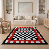 Black White Chessboard Rug with Red Border