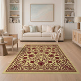Ornate Beige Maroon Floral Border Rug