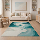Washable Modern Abstract Teal Wave Area Rug