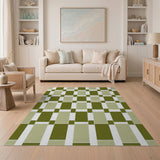 Olive Green Geometric Grid Area Rug