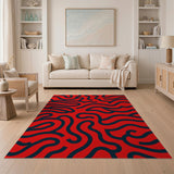 Vibrant Red Wavy Squiggle Area Rug