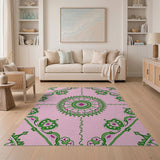 Pink Mandala Area Rug with Lush Green Florals