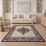 Elegant Beige Medallion Area Rug with Ornate Maroon Border