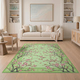 Pink Cherry Blossom Floral Area Rug on Light Green