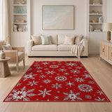 ODIKA Festive Red Snowflake Washable Area Rug - Low Pile Non-Slip Holiday Decor