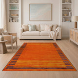 Vibrant Orange Stripe Rug with Brown Geometric Borders
