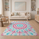 Boho Pink Teal Mandala Heart Area Rug