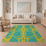 Vibrant Yellow Blue Swirl Geometric Area Rug