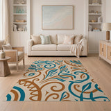 Teal Swirl Floral Area Rug with Terracotta Accents