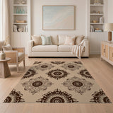 Beige and Neutral Ornate Floral Medallion Beige Area Rug