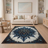 Blue Teal Mandala Floral Area Rug with Gold Accents