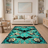 Teal Floral Bat Vintage Washable Area Rug