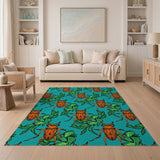 Teal Orange Beetle Leaf Pattern Area Rug