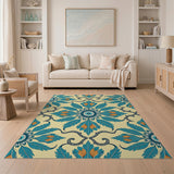 Teal Feather Floral Vintage Area Rug