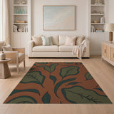 Terracotta Boho Botanical Leaf Washable Area Rug - Low Pile & Non-Slip