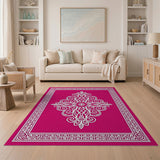 Vibrant Pink Traditional Persian Rug with White Intricate Motifs