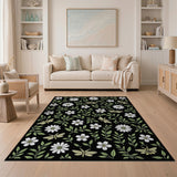 White Daisy Dragonfly Floral Area Rug - Black